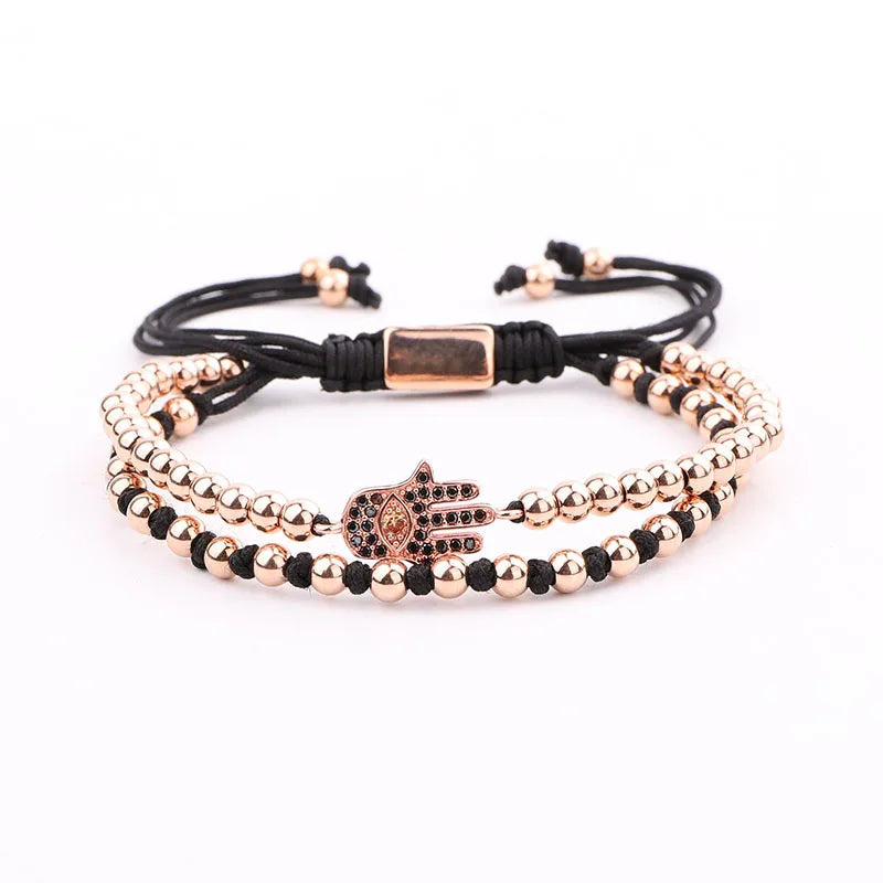 18K Plated Stainless Steel Beads CZ Adjustable Bracelet Men Jewelry
