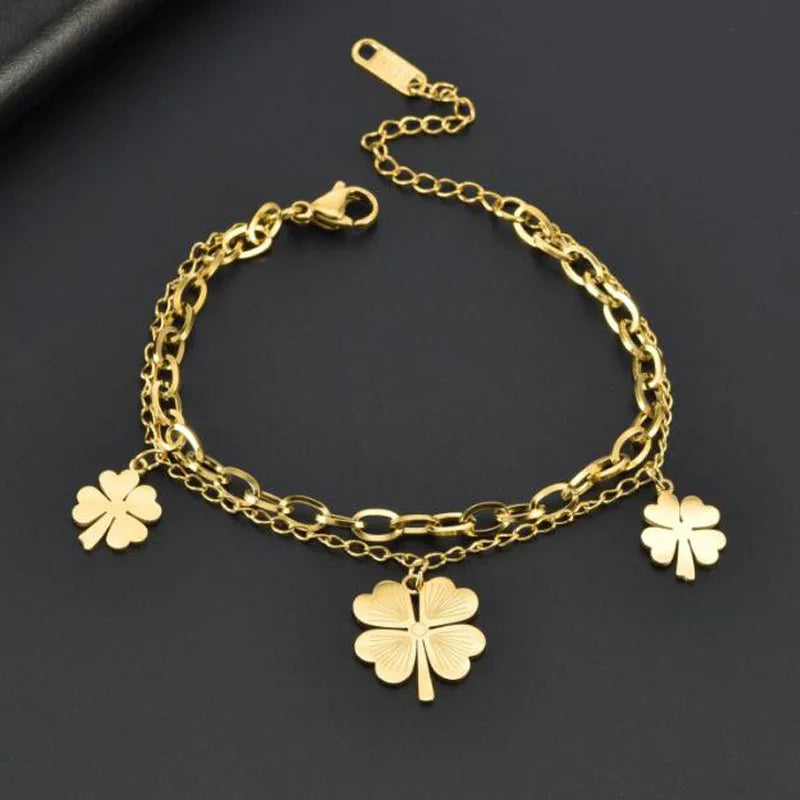 Four Leaf Clover Charms Chain Bracelet Stainless Steel Gift