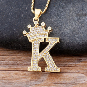 Zircon Crown Initial Alphabet Pendant Necklace Punk Hip-Hop Choker Chain