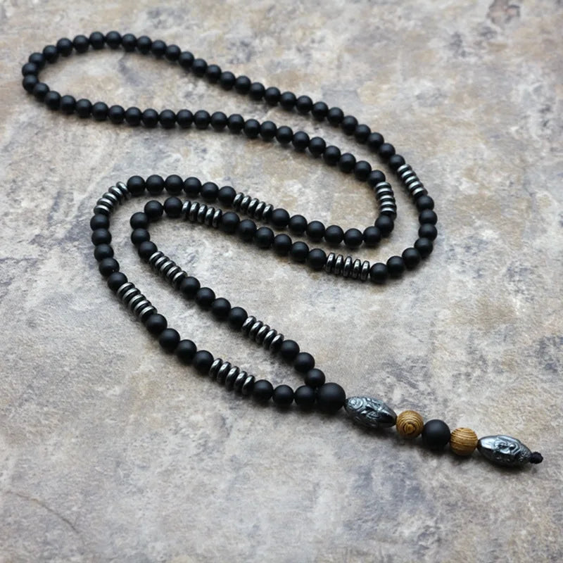 6MM Hematite Carving Beads Necklace Men Old Man Head Pendant Jewelry