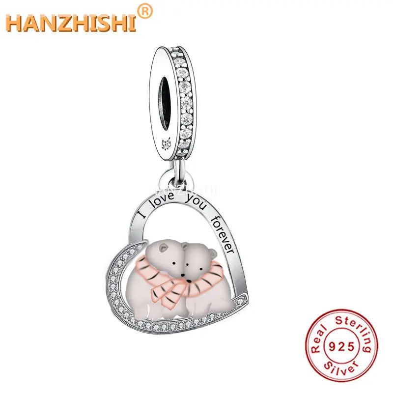 925 Silver Elephant Dangle Charms Beads Bracelet Necklace Mom Daughter