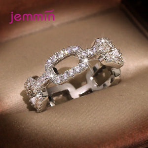 925 Silver Geometric Chain Hollow Rings Cubic Zircon Wedding Jewelry