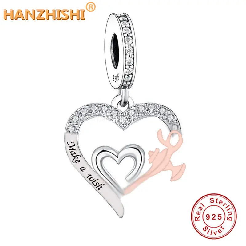 925 Silver Heart Pendant Engrave Charms Beads Fit Bracelet Necklace