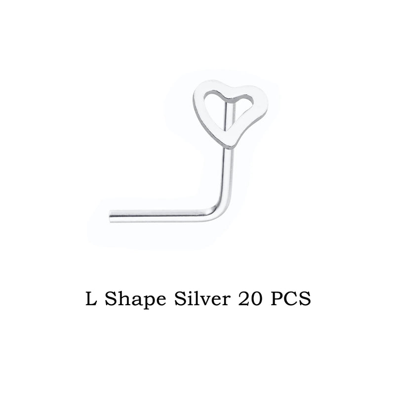 925 Silver Hollow Heart L Shape Nose Piercing Studs for Women Girls