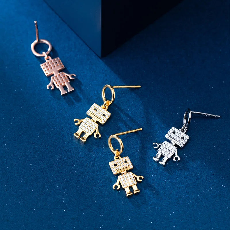925 Silver Diamonds Robot Drop Earrings Women Girls Dangle Brincos
