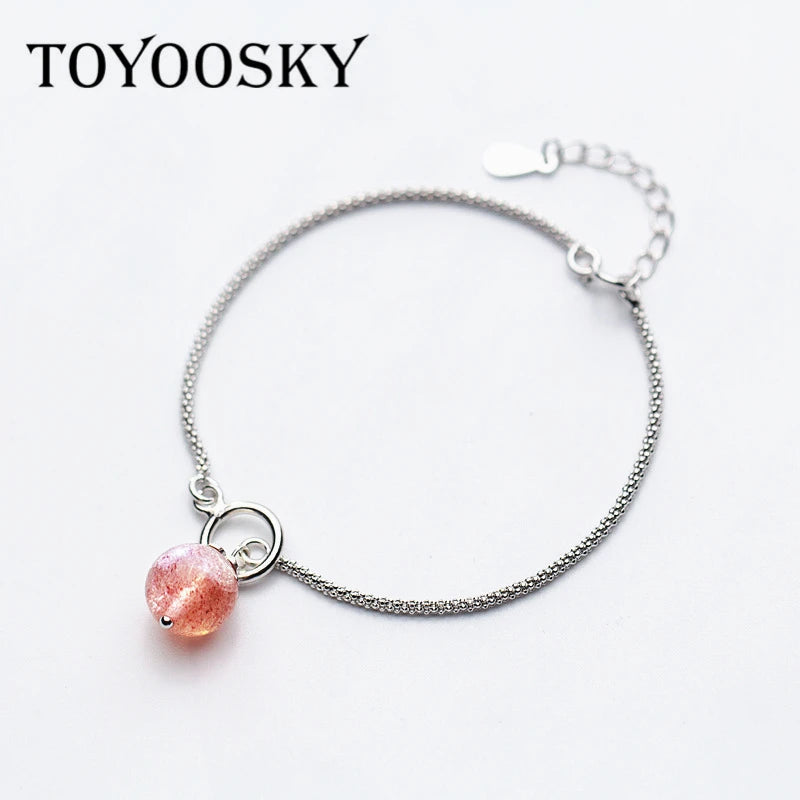 925 Sterling Silver Pink Strawberry Crystal Bracelet for Girls Women