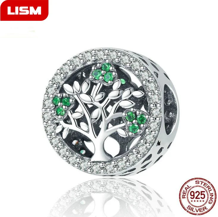 Life Tree Green CZ Silver Dangle Charm Bead for Bracelets 925 Sterling Silver