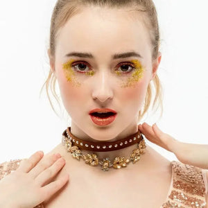 Multilayer Leather Chain Choker Necklace with Crystal Flower