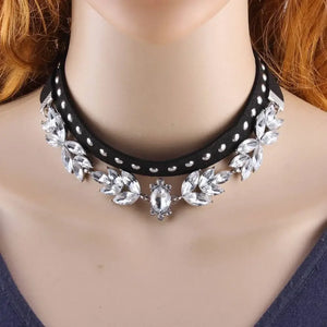 Multilayer Leather Chain Choker Necklace with Crystal Flower