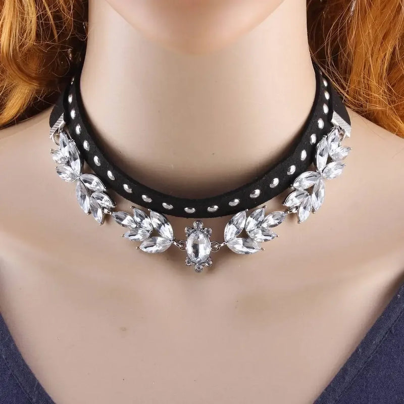 Multilayer Leather Chain Choker Necklace with Crystal Flower