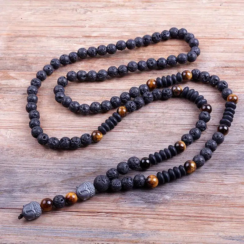 6mm Lava Stones Wood Bead Men's Hematite Buddha Necklace
