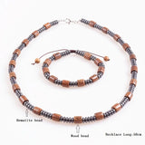 Men's Hematite & Brown Wood Beads Necklace Bracelet Set