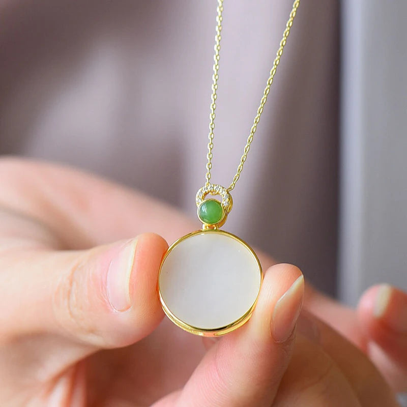 Natural Hetian Jade Round Pendant Necklace Chinese Style Ladies Jewelry