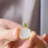 Natural Hetian Jade Round Pendant Necklace Chinese Style Ladies Jewelry