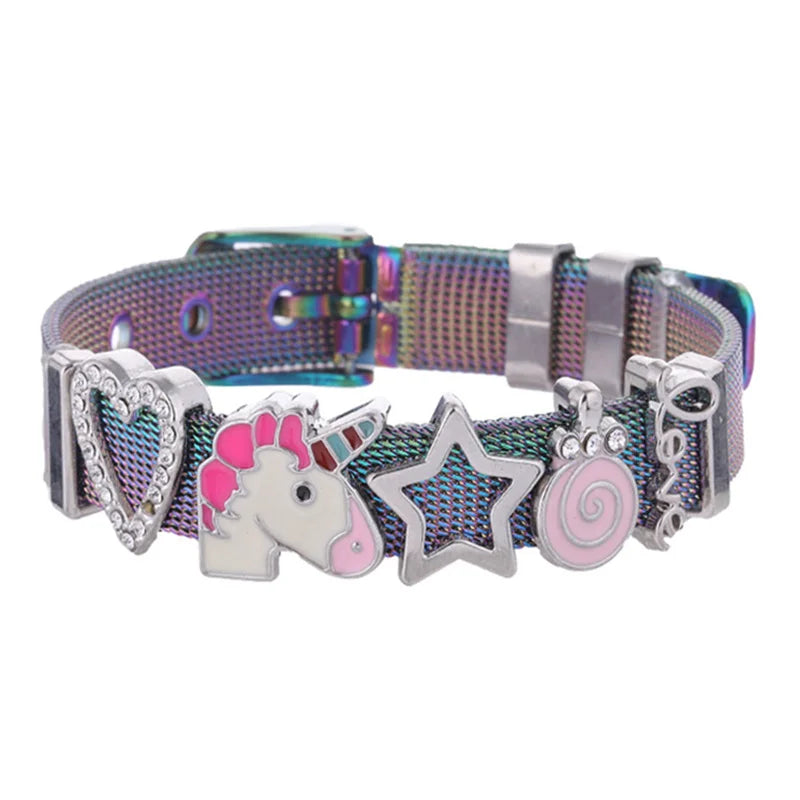 Colorful Heart Sart Stainless Steel Mesh Bracelet Set DIY Unicorn Charm Bracelet