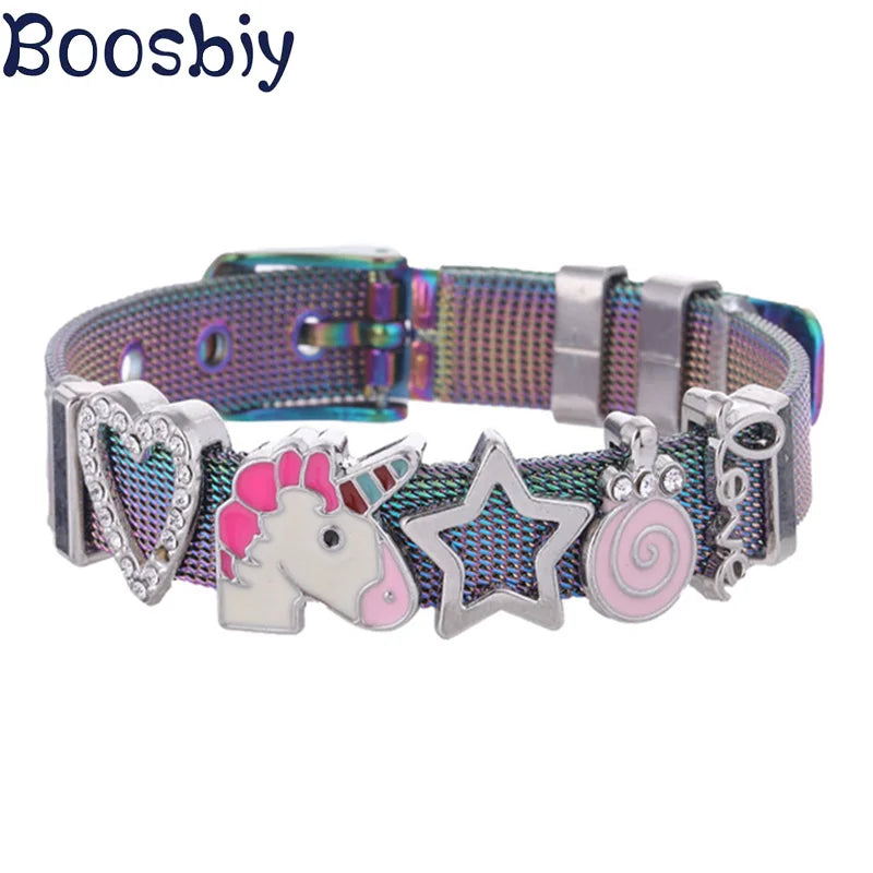 Colorful Heart Sart Stainless Steel Mesh Bracelet Set DIY Unicorn Charm Bracelet