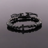 Cross Charm Macrame Bracelet Men Stainless Steel CZ Pave Beaded Adjustable