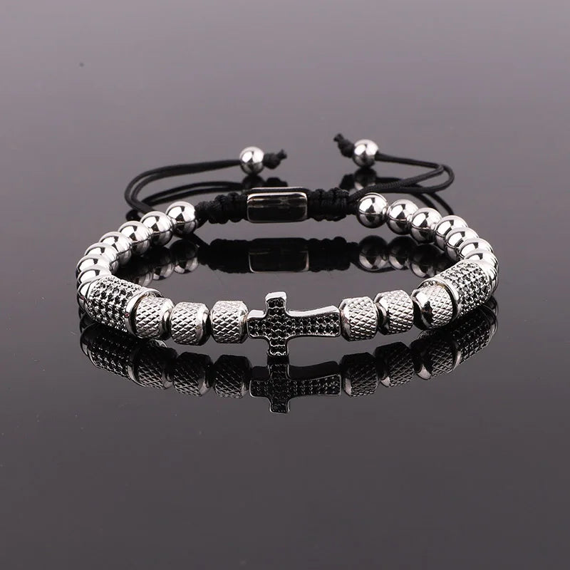Cross Charm Macrame Bracelet Men Stainless Steel CZ Pave Beaded Adjustable