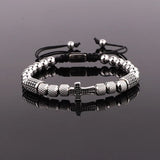 Cross Charm Macrame Bracelet Men Stainless Steel CZ Pave Beaded Adjustable