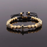 Cross Charm Macrame Bracelet Men Stainless Steel CZ Pave Beaded Adjustable
