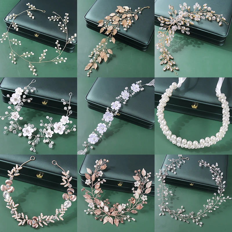 Crystal Pearls Wedding Headbands For Women Bride Silver Rose Hair Accessories