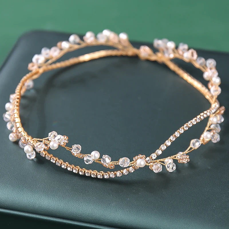 Crystal Pearls Wedding Headbands For Women Bride Silver Rose Hair Accessories
