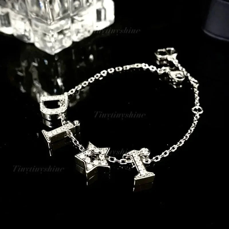 Crystal Star Pendant Bracelet Zirconia Letter D Charm Chain Party