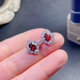 Square Garnet Earring Studs 925 Silver for Women