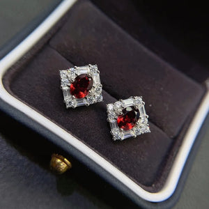 Square Garnet Earring Studs 925 Silver for Women