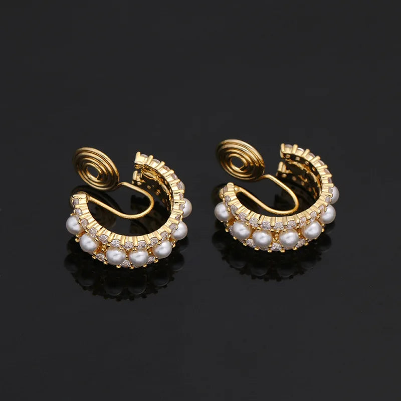 Vintage Pearl Clip-On Hoop Earrings for Women