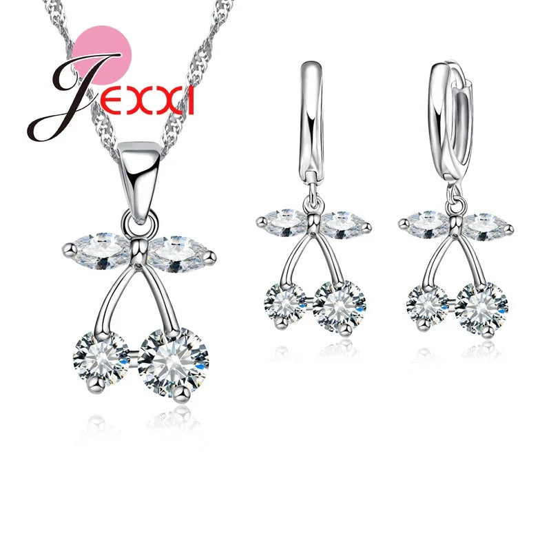 Crystal CZ Zirconia Necklace Earrings Sets Silver Women Wedding