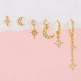Zircon Star Moon Chain Dangle Earrings Set Women Piercing Jewelry