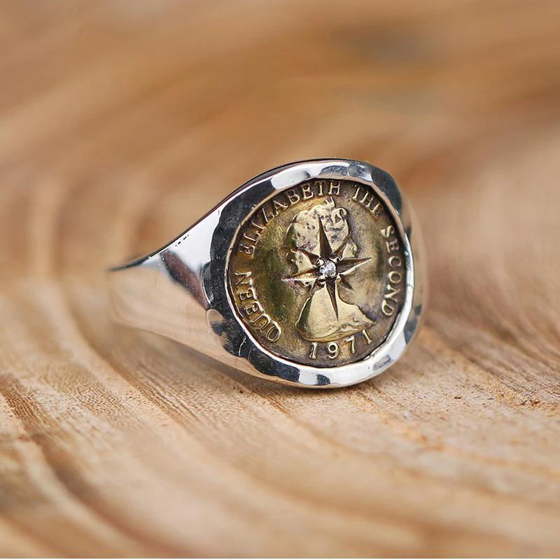 Ray Point Coin Silver Ring Elizabeth Brass Coin Opening Adjustable Ring Jewelry
