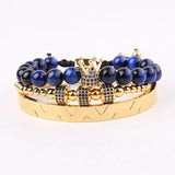 316L Stainless Steel Bangle CZ Pave Crown Charms Bracelet Set