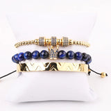 316L Stainless Steel Bangle CZ Pave Crown Charms Bracelet Set