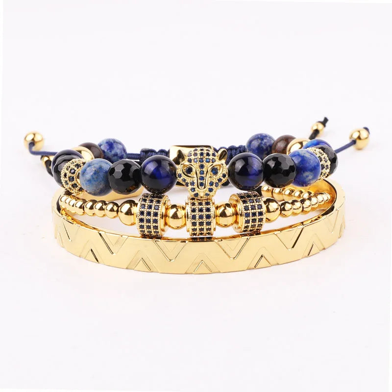 316L Stainless Steel Bangle Leopard Charms Bracelet Set Men Jewelry