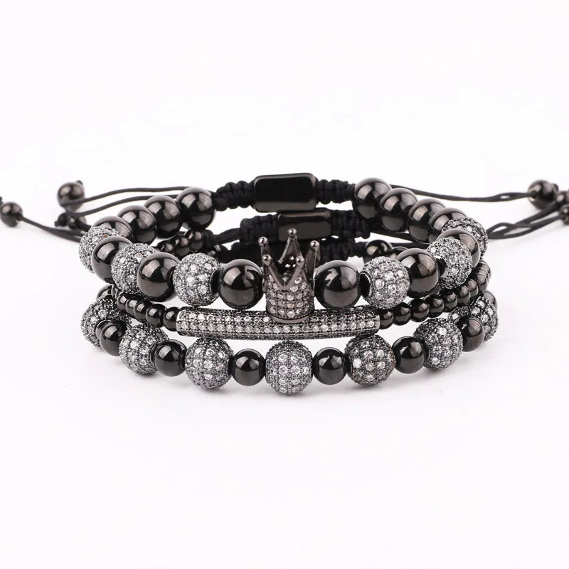 CZ Pave Crown Stainless Steel Beads Bracelet Set Men Jewelry