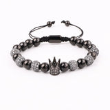 CZ Pave Crown Stainless Steel Beads Bracelet Set Men Jewelry