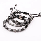 CZ Pave Crown Stainless Steel Beads Bracelet Set Men Jewelry