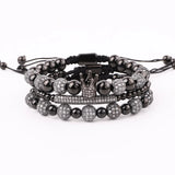 CZ Pave Crown Stainless Steel Beads Bracelet Set Men Jewelry
