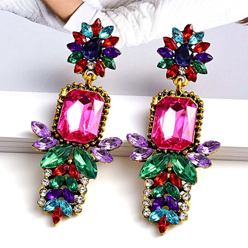 Metal Colorful Crystal Long Drop Earrings Rhinestones