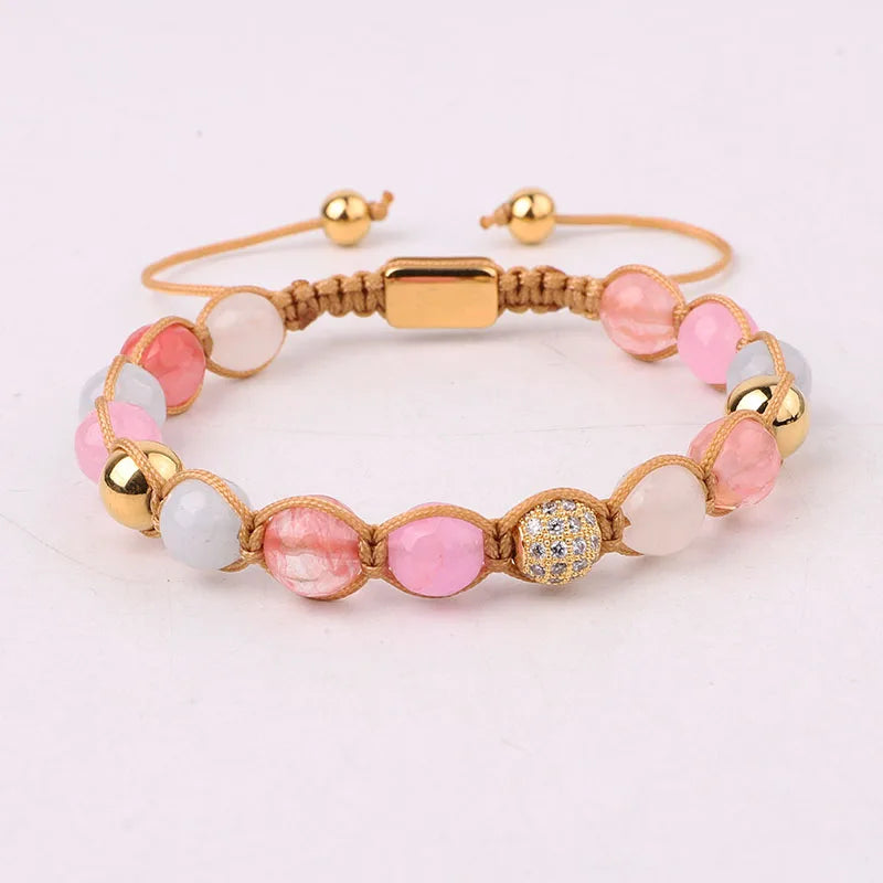 Natural Stone Jade Beaded CZ Pave Ball Macrame Bracelet
