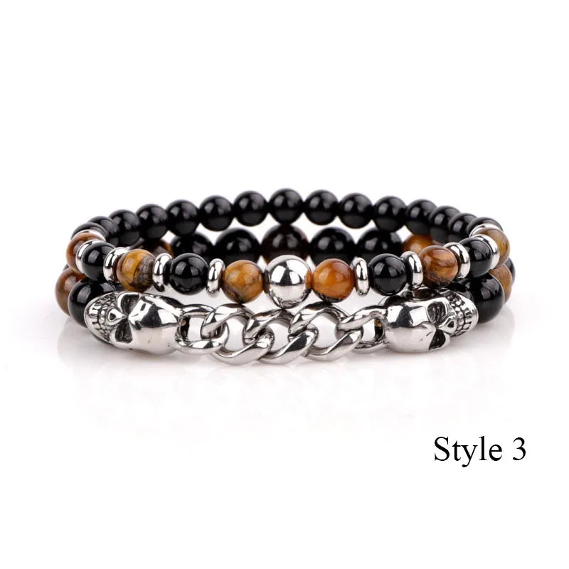 Natural Stone Stainless Steel Skull Beaded Bracelet Set