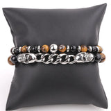 Natural Stone Stainless Steel Skull Beaded Bracelet Set