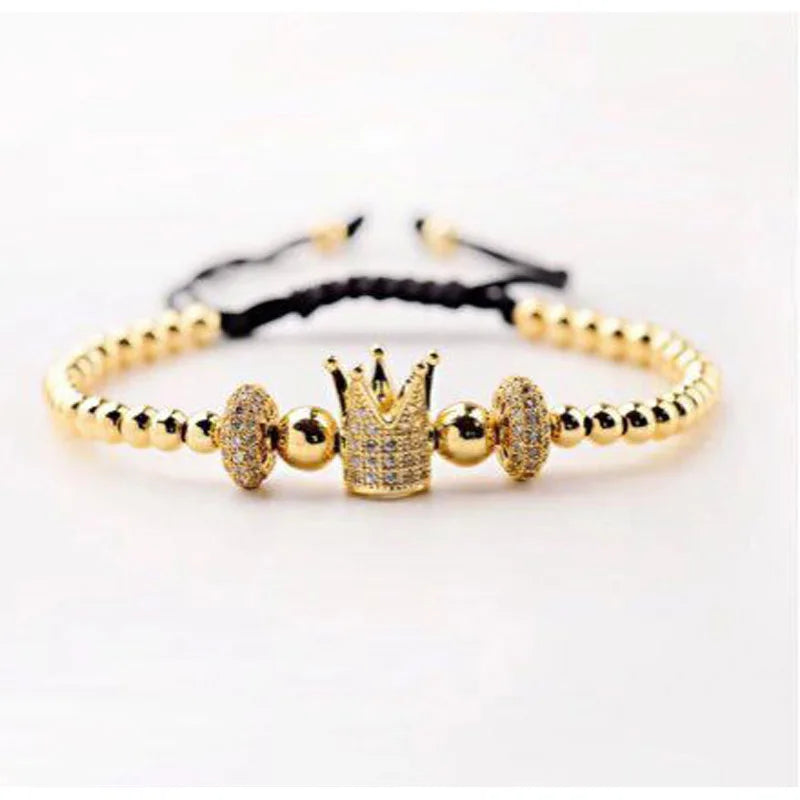 Stainless Steel Beads Crown Charm Macrame Bracelet Men