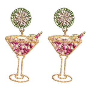 Pearl Goblet Wine Glass Dangle Earrings with Rhinestones
