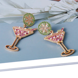 Pearl Goblet Wine Glass Dangle Earrings with Rhinestones