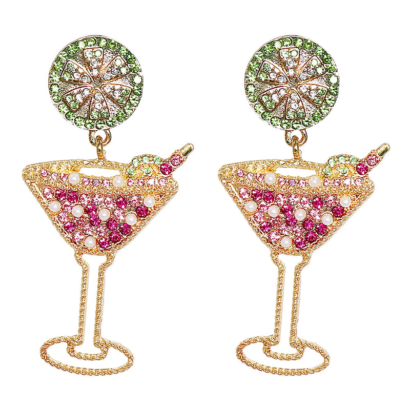Pearl Goblet Wine Glass Dangle Earrings with Rhinestones