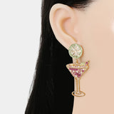 Pearl Goblet Wine Glass Dangle Earrings with Rhinestones