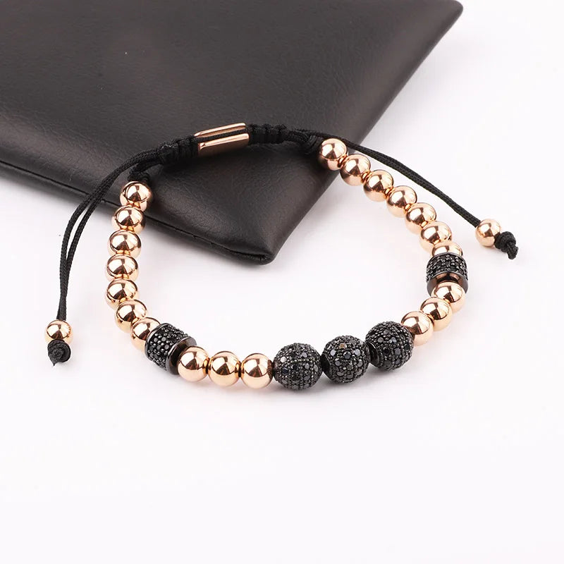 Stainless Steel Beaded CZ Pave Ball Charm Bracelet Men